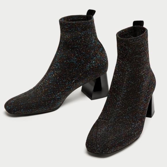 ZARA Glitter Fitted Fabric Heeled Ankle Boots - Picture 2 of 9